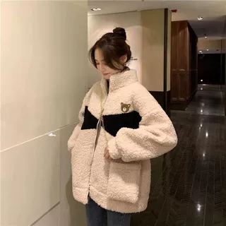 慵懒风宽松拉链加绒羊羔毛外套女秋冬款加厚保暖立领颗粒羊绒卫衣