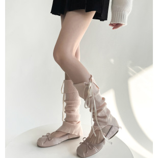 Ballet style sweet girl niche strap bow pile knitted solid color socks all-match split leg cover