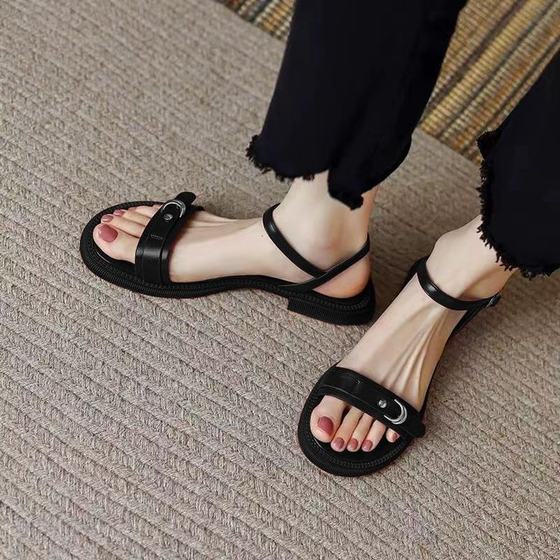Soft leather soft bottom retro strap sandals women's summer new 2024 belt buckle flat bottom low heel open toe plus size