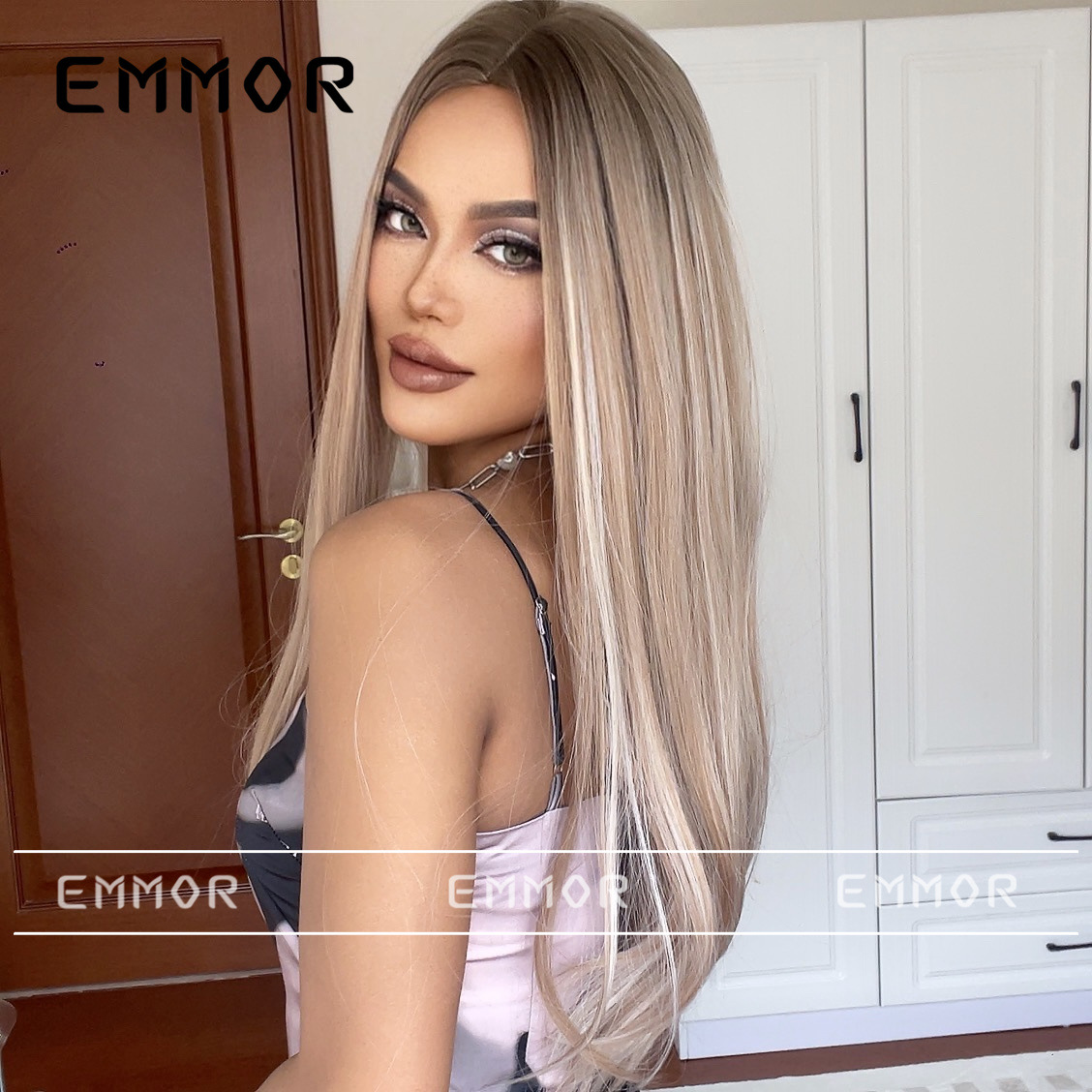 Peluca Mujeres de longitud media sin flequillo degradado teñido marrón largo cabello liso esponjoso natural europeo y americano cubierta de la cabeza completa Peluca de pelo