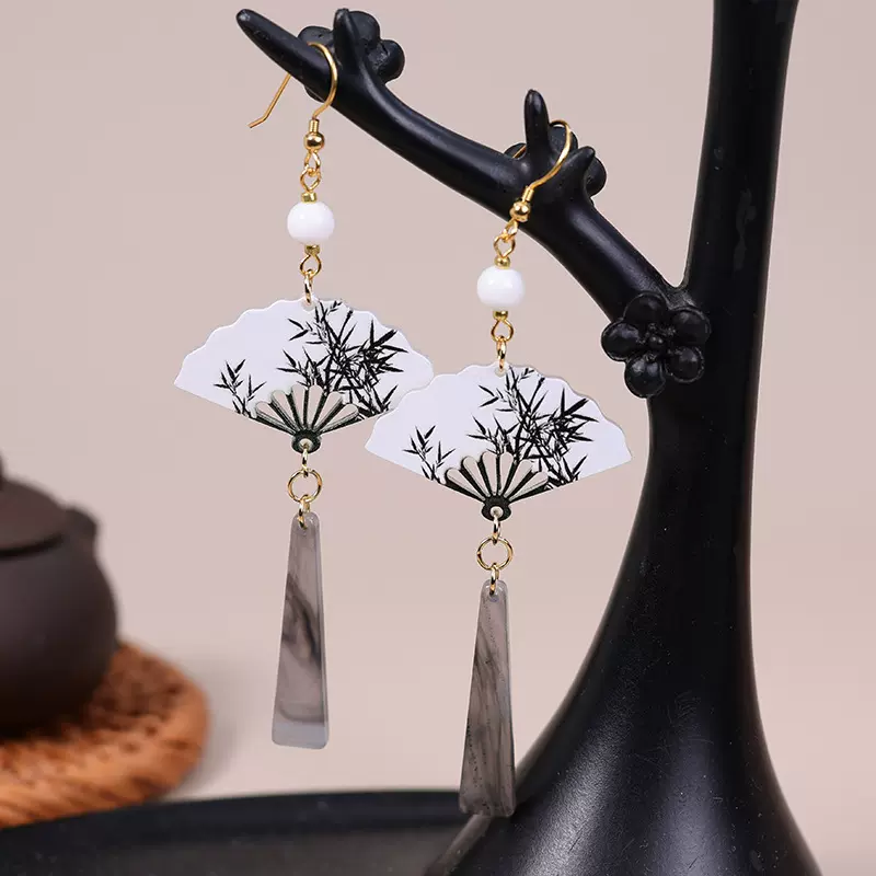 古风中式国画折扇流苏耳环小众汉服吊坠耳环文艺新款清冷感耳饰女