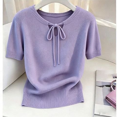 Áo thun nữ tay ngắn cổ tròn dáng rộng chất liệu dệt kim mỏng mùa hè — Xanh lá cây nhạtcolor, Màu tím. chi tiết 4