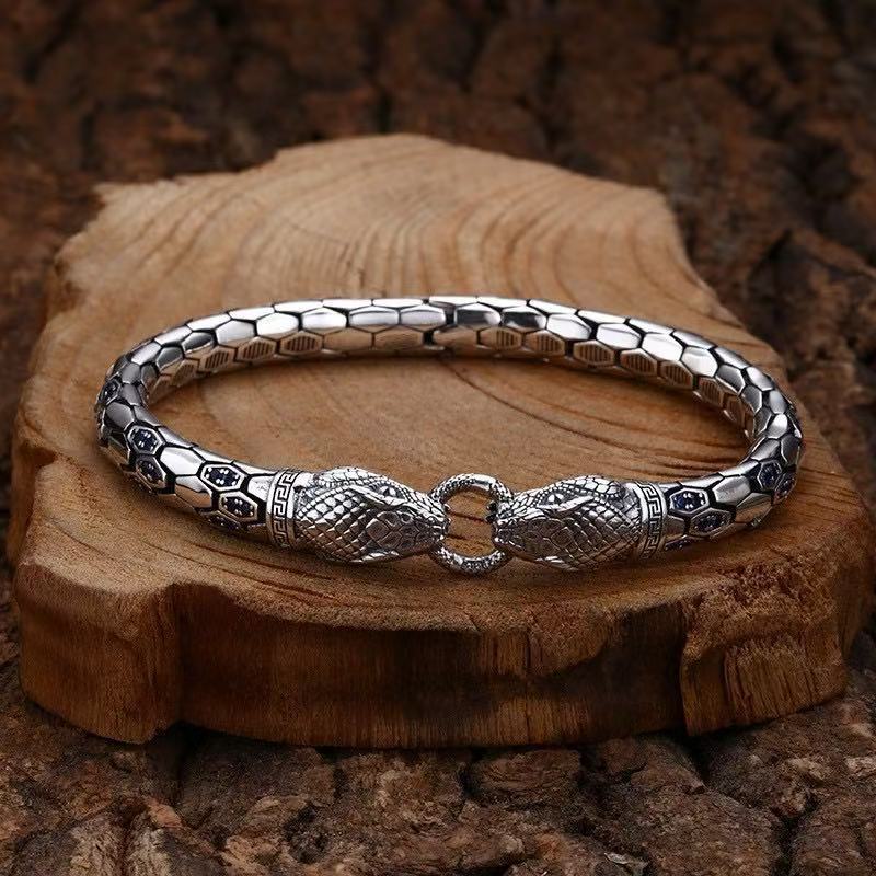 Noble European and American Fashion Youth Men's and Women's Bracelets Double-Headed Snake Bracelets Men's Trendyy Thai Silver Literary Retro Jewelry
