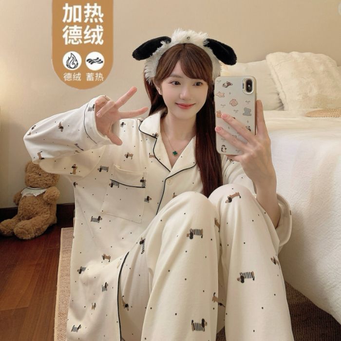 Al por mayor transfronterizo otoño y invierno nueva explosión Cardigan manga larga calentamiento de dos piezas pijamas de mujer set de ropa de casa
