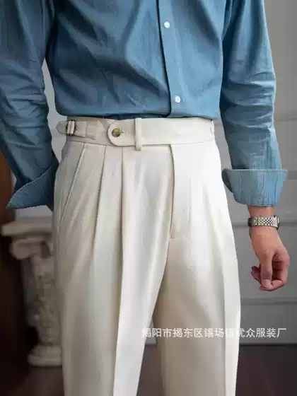 Mr. Lu San Handmade Spring Autumn Men's Naples High Waist Straight Leg Casual Suit Pants British Vintage Versatile Trousers