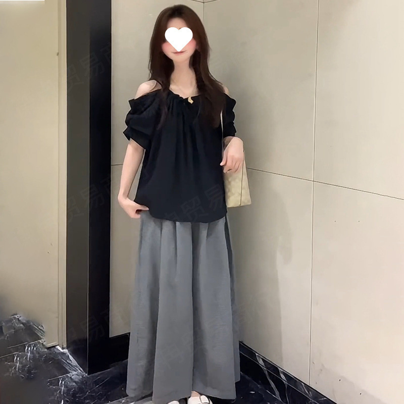 法式黑色短袖衬衫女夏季5新高级感泡泡袖恤露肩设计感衣白色腈纶|undefined