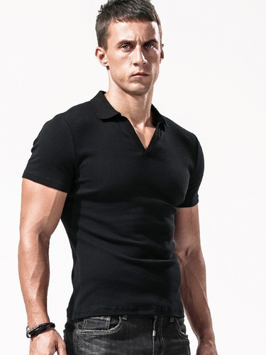 Men's Short Sleeve T-Shirt with Collar, Slim Fit, Tight Fit, Solid Color V-Neck, Elastic, American Style Polo Shirt, Men's Top, Summer, Solid Color