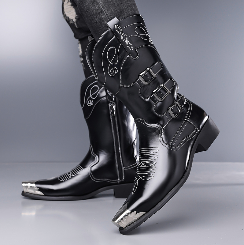 Cross-border large size retro embroidered pointed toe chunky heel western cowboy boots 2026 new versatile height-increasing riding boots