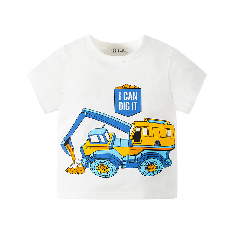 2024 Camiseta de manga corta de coche de dibujos animados para niños de verano excavando coche impreso superior ropa de bebé ropa para niños moda Generación de cabello