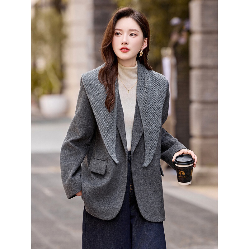 2025 Autumn and Winter Work Clothing, Very Good-Looking Woolen Suit, Spliced ​​Knitted Shawl, Slim Woolen Jacket, Mid-Length Suit