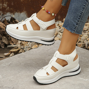 Hollow casual hook and loop sandals women's 2024 summer and autumn new foreign trade plus size sponge cake thick bottom increased women's shoes