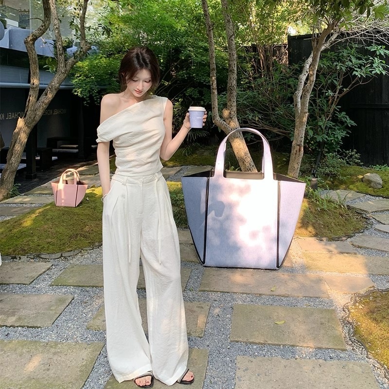 ～夏の甘さ～オフショルダー半袖Tシャツハイウエスト着痩せワイドパンツレディースリゾート風リネンスーツ|undefined