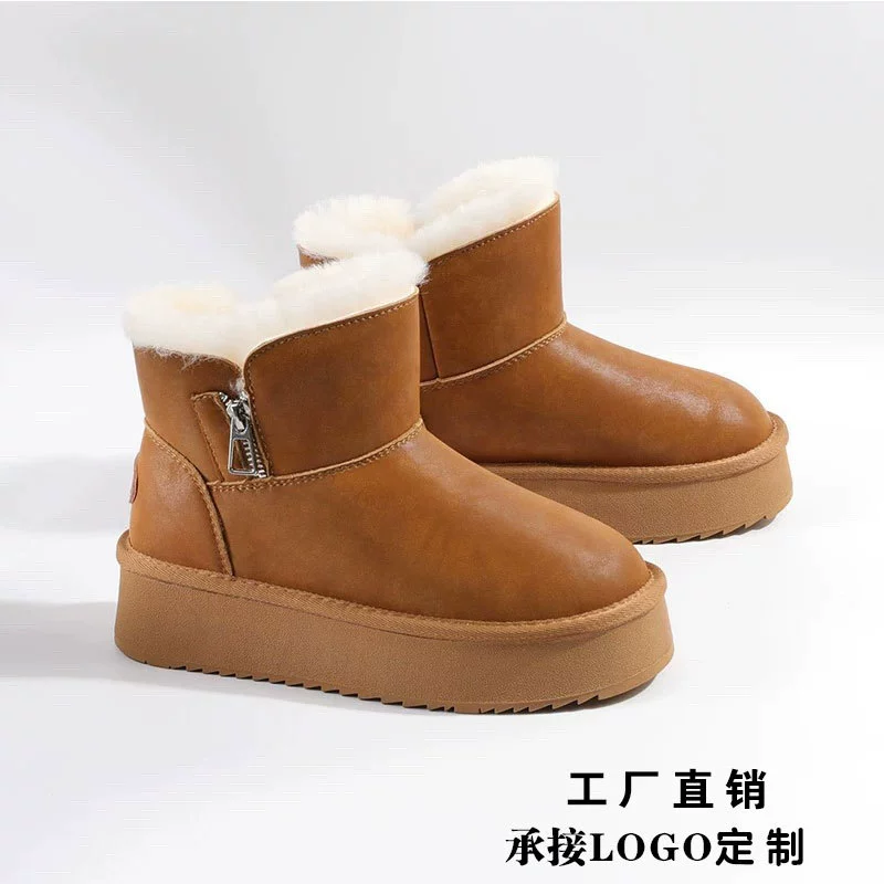 Женские зимние сапоги из натуральной кожи и шерсти, на толстой подошве, с флисовой подкладкой, утолщенные, новая модель 2025 года, хлопковые ботинки для активного отдыха, водонепроницаемые зимние сапоги.
