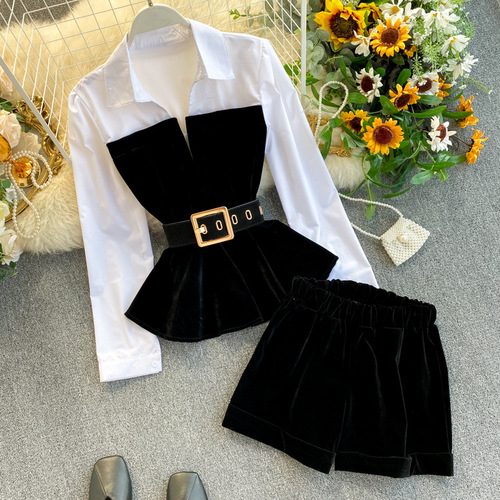 Cross-border foreign trade new style European and American style long-sleeved lace-up shirt with contrasting color stitching velvet wide-leg pants two-piece set for women