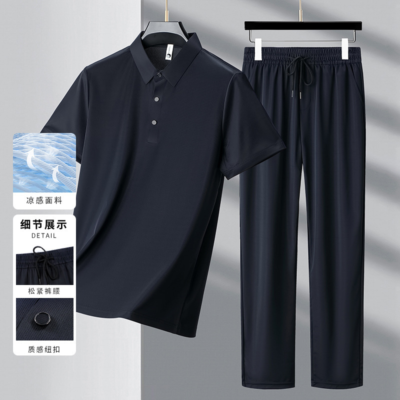 2025 Summer Middle-Aged and Elderly Men's Summer Suits Men's Dad's Casual New Ice Silk Polo Shirt Two-Piece Set Wholesale 2025 Summer Middle-Aged and Elderly Men's Summer Suits Men's Dad's Casual New Ice Silk Polo Shirt Two-Piece Set Wholesale