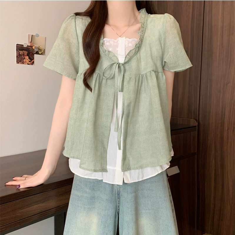 Женская летняя дизайнерская шифоновая рубашка с короткими рукавами больших размеров из двух частей для полных женщин, свободный топ для похудения, кукла