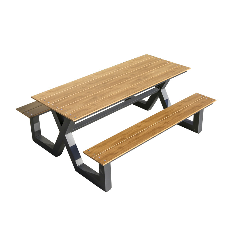 Mesa y silla unida al aire libre con paraguas para parque de ocio patio mesa y silla de hierro forjado para punto escénico banco combinación de mesa y silla de madera de plástico al aire libre
