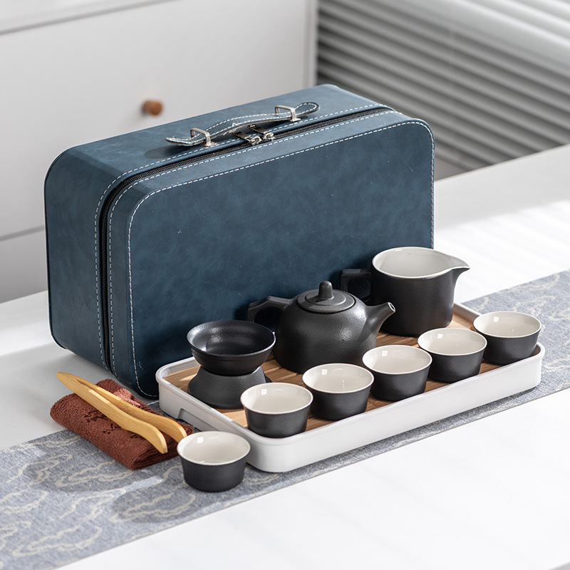 여행용 파란색 가방 [검은 도자기] 냄비 1개와 컵 6개(시시 스타일) + 접시 수건 클립
