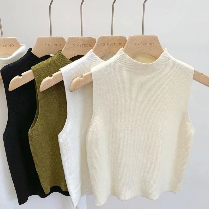 Knitted Camisole Women's Suit Wear Slim Look Foreign Style Base Shirt Wear Half-High Collar Sleeveless T-Shirt Top Trendy