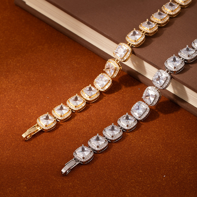 New Hot-Selling European and American Light Luxury Hip-Hop Full Diamond Rock Candy Chain Cuban Chain Full Diamond Super Flash Round Square Diamond Fashion Bracelet