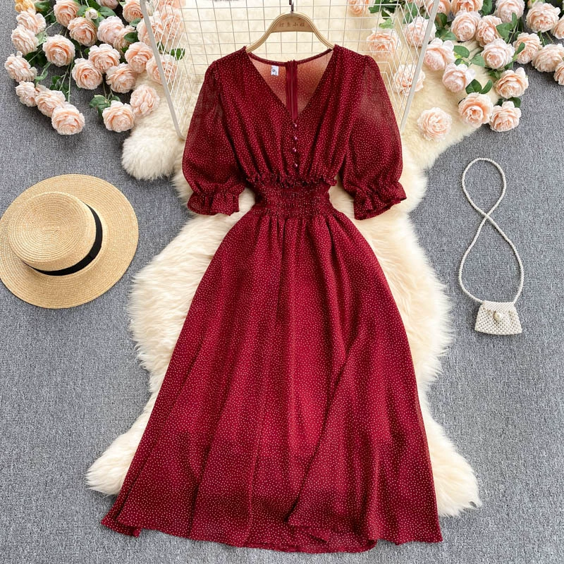 Летнее новое французское платье сладкая волновая точка пузырьковые рукава минус возраст стройная средняя длинная шифоновая праздничная юбка