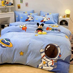 Astronaut Milk Velvet Four-Piece Set for Boys Winter Thickeneded Coral Velvet Bed Bed Sheets Quilt Cover Flannel Kidsren's Three-Piece Set