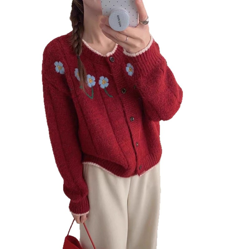 温柔甜美花朵刺绣圆领毛衣外套女2025年秋季新款长袖针织开衫|undefined