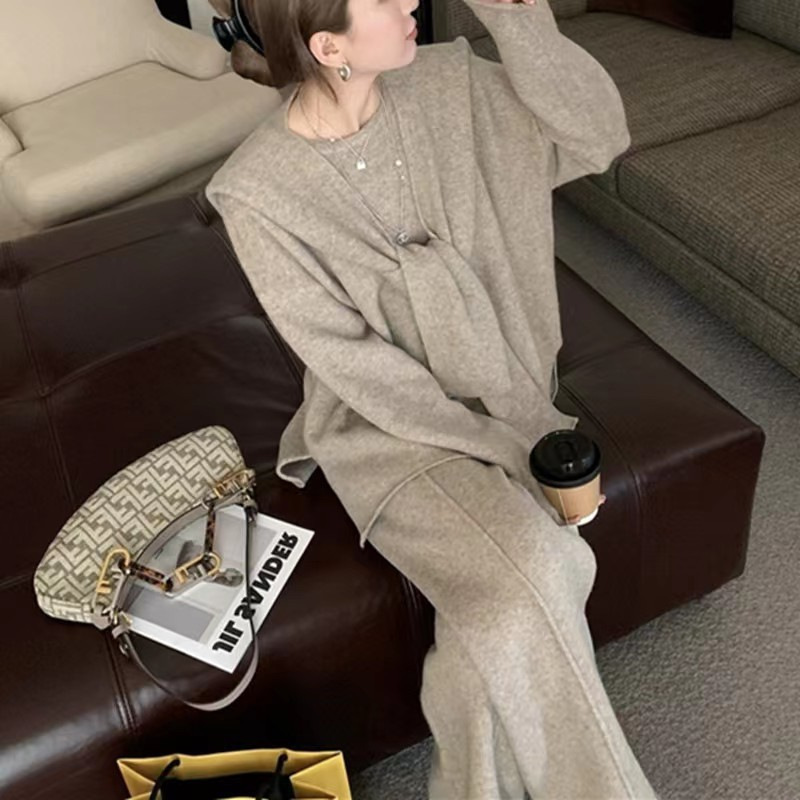 秋冬新款针织上衣+披肩+阔腿裤三件套气质休闲宽松慵懒毛衣女套装|undefined
