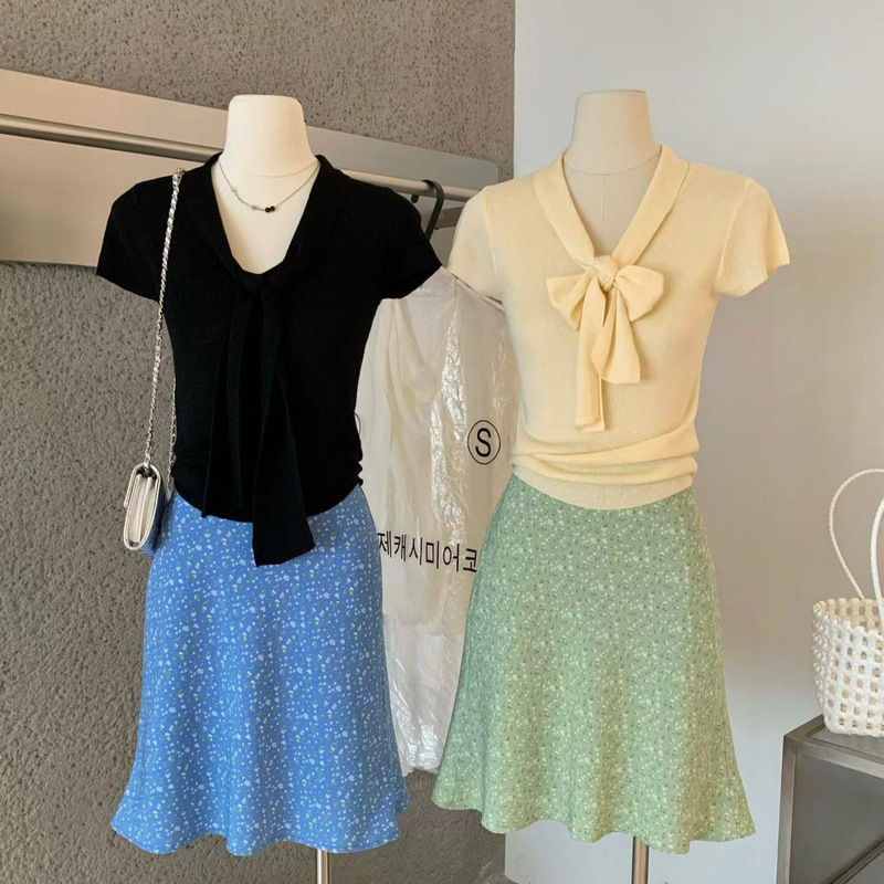 Y. Jia Summer French-Style Shawl with Ribbon Short-Sleeve Knit Top + Floral Straight Skirt Set 9009