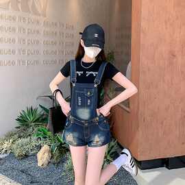 夏季新款辣妹显瘦水洗y2k牛仔背带破洞短裤美式复古磨破连体裤子