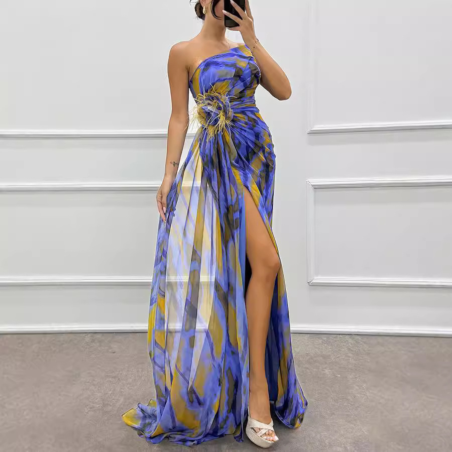Women's Clothing chiffon printed slit dress casual party long women's dress_voghion.com