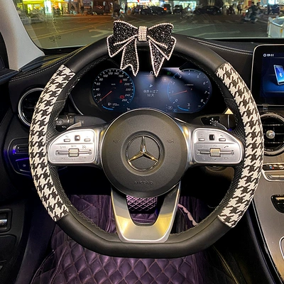 Steering wheel cover – decoration - large-diamond-bow-houndstooth-leather-stitching-d-shape-38cm