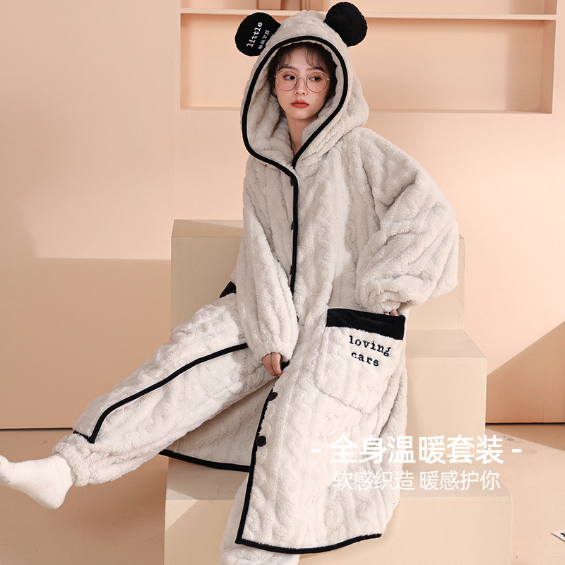 500g Thickened Hooded Nightgown for Women, Winter, Autumn and Winter, Cartoon Style, Extra Long, Fluffy, Warm Velvet, Soft and Comfortable Pajamas Set