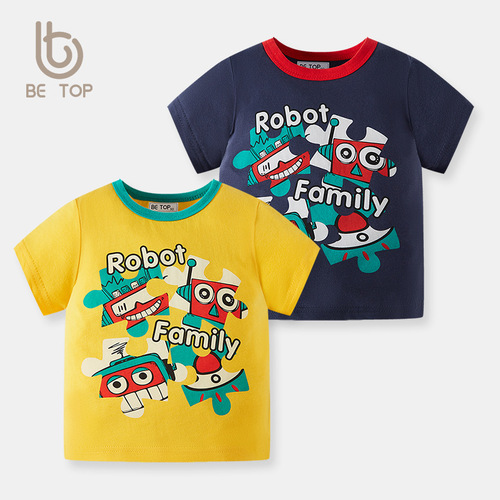  Summer Children's Short Sleeve T-Shirt with Cartoon Print Pattern for Boys, Half Sleeve, Pure Cotton, Single Piece Drop Shipping for Boys