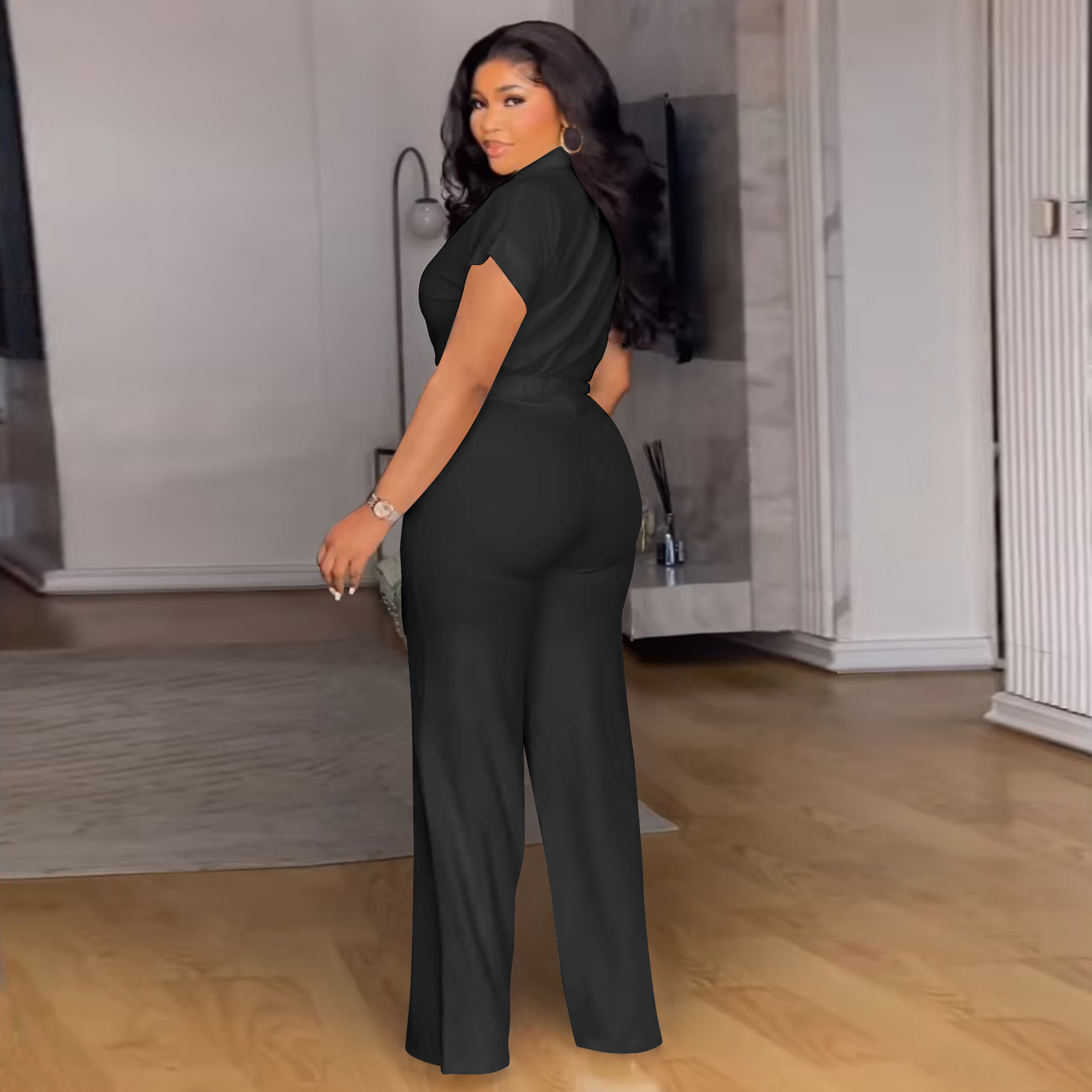 Women's Clothing Plus Size Summer Outfit High Waist Casual Pants & Solid Color Shirt Short Sleeved Two-Piece Set_ecoleips.com