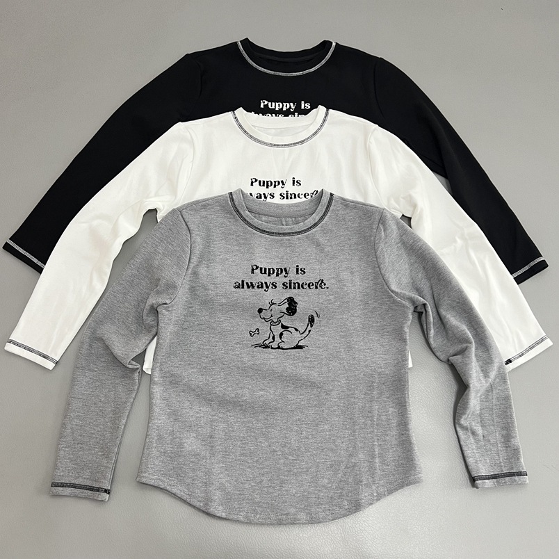 Cartoon Flocked Puppy Letter Long Sleeve T-Shirt for Women, Casual Versatile Round Neck Color-Block Trim Base Shirt, New Autumn/Winter Style