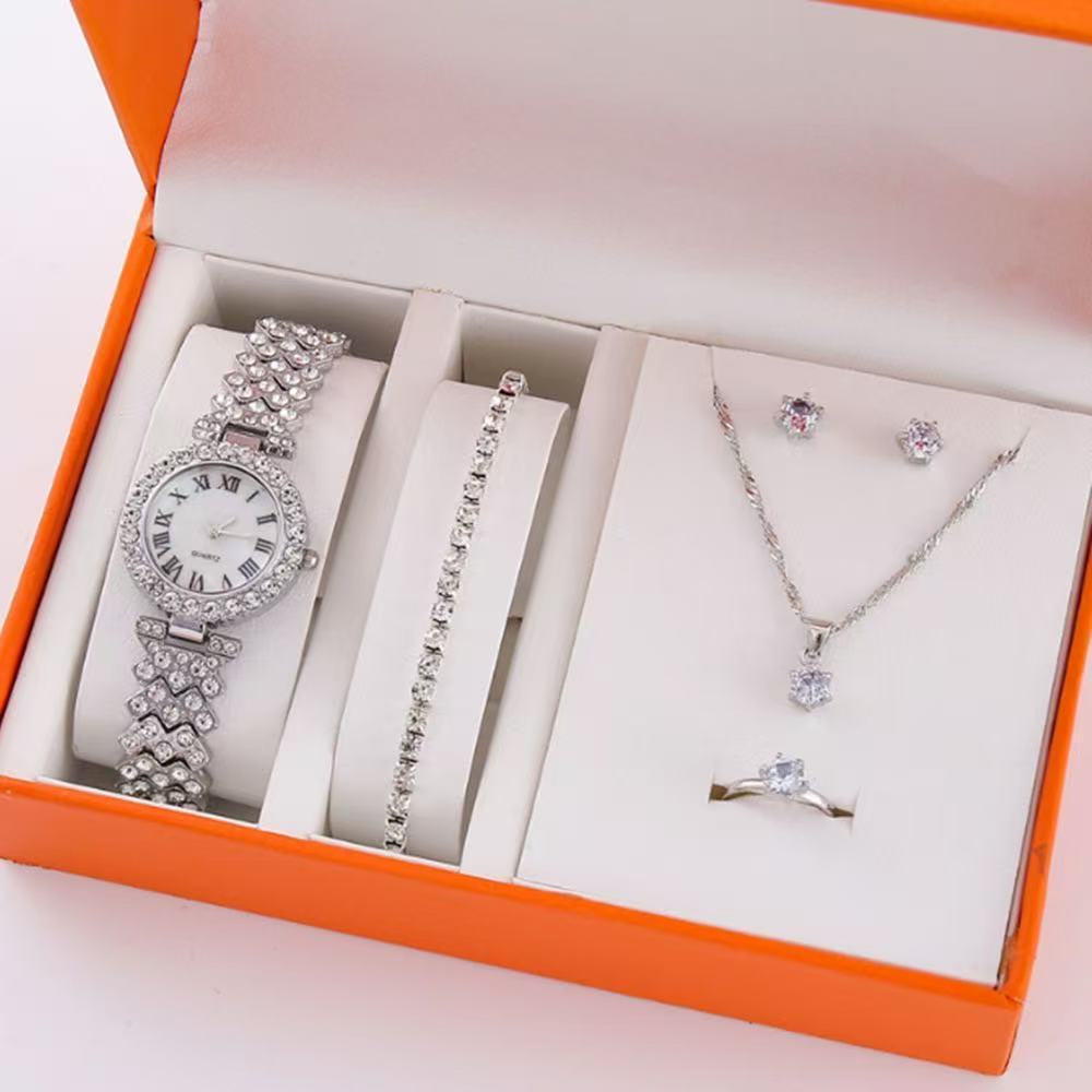 Silver roman watch + water wave chain and single row