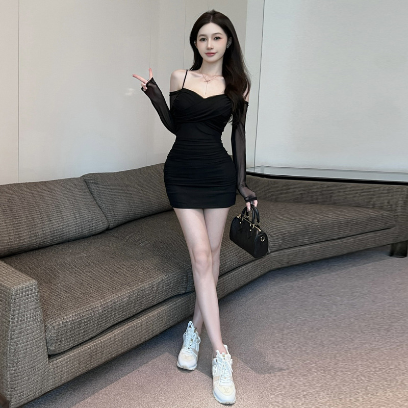 0829国境を越えた対外貿易婦人服卸売り東南アジアセクシー長袖ネット糸包尻露肩ストラップガードルワンピース