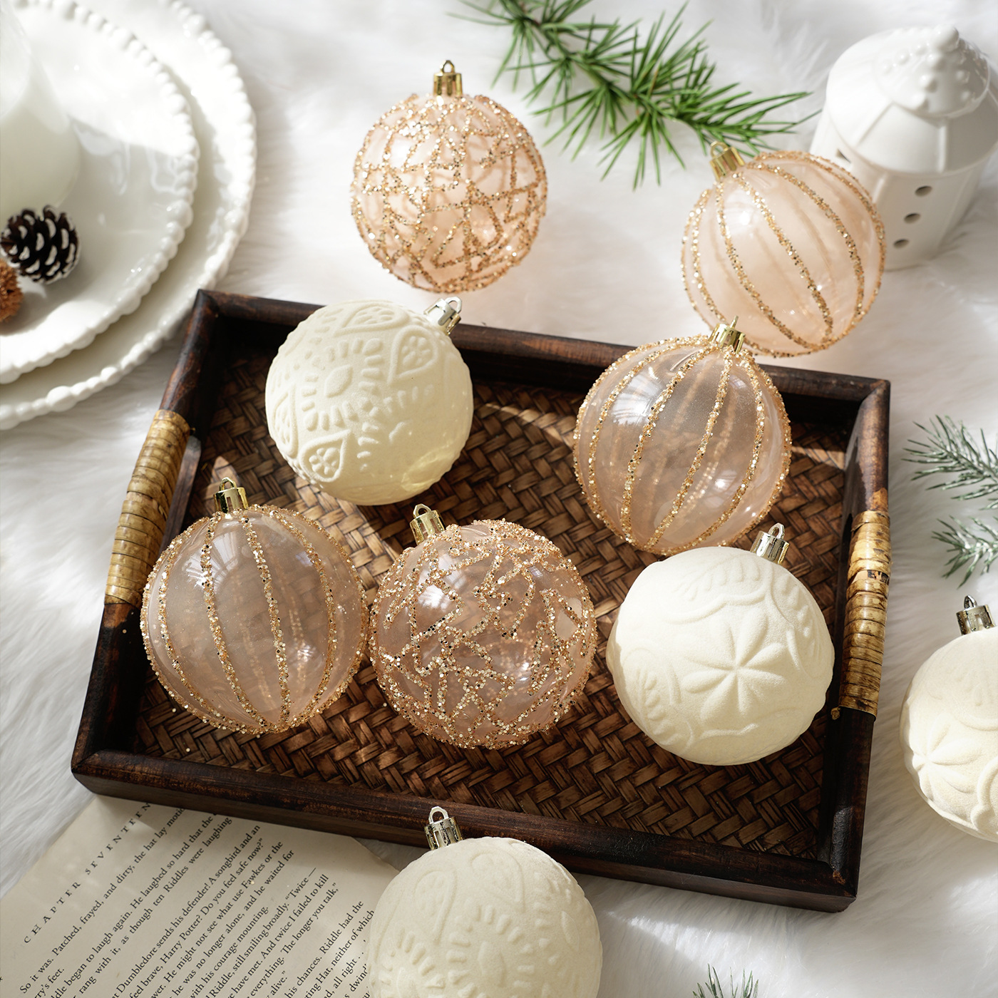 Nuevo producto 8CM Navidad bola pintada de color caja flocado bola de Navidad diy decoración del árbol de Navidad colgante colgante
