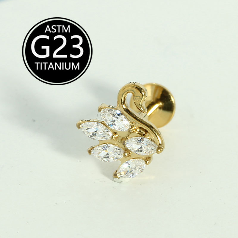 G23 Titanium Swan Internal Thread Lip Piercing with Zircon - Ear Bone & Canal Jewelry Wholesale detail image 5