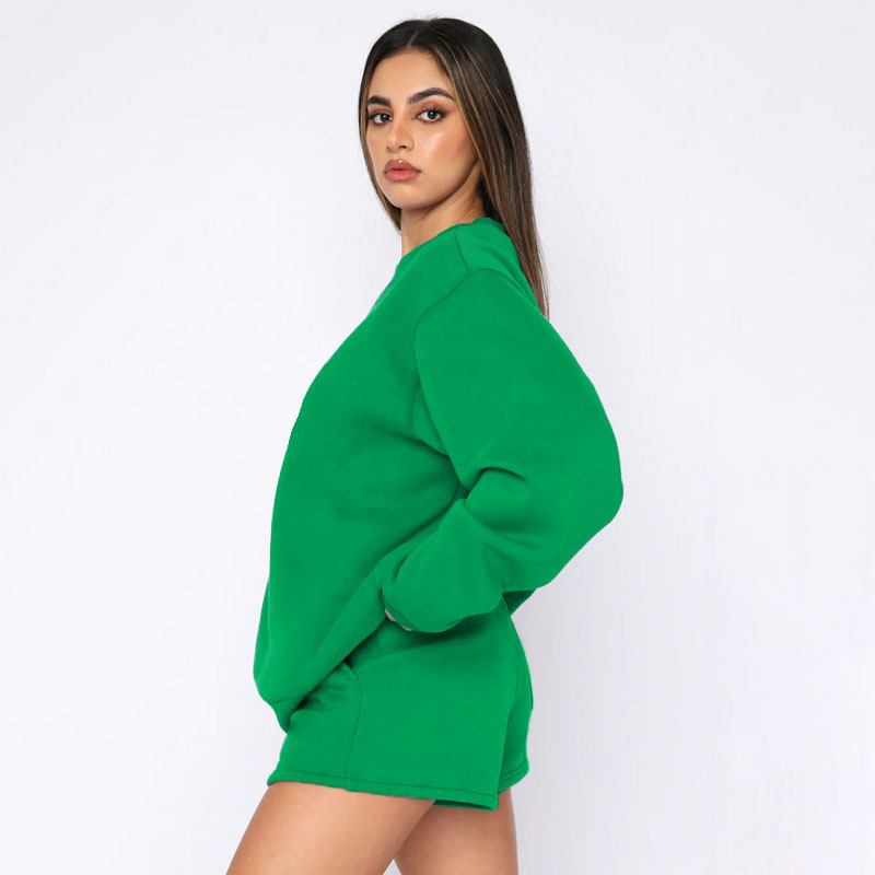 Einfarbiger Pullover, Rundhalsausschnitt, Langarm, modisches, lässiges Shorts-Set_voghion.com