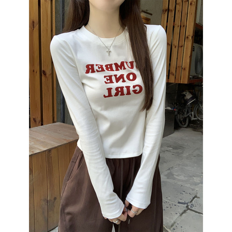 甜酷风字母印花圆领修身打底上衣女秋季正肩显瘦长袖百搭短款T恤|undefined