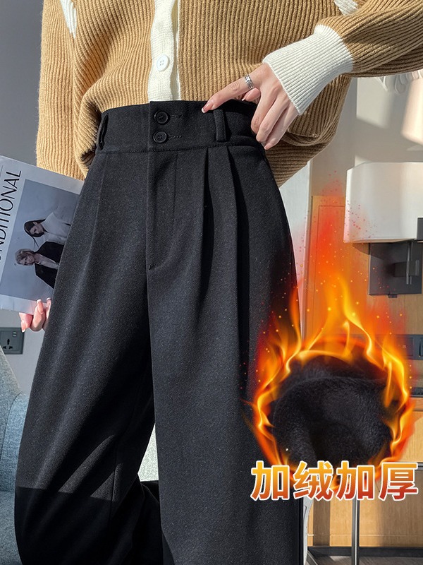 女性用豪華なウールのワイドレッグパンツ、2025年秋冬の新しい冬の厚みのあるハイウエストのドレープの小さな狭いストレートパンツ