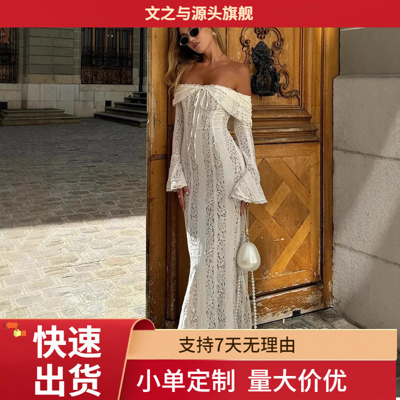 Cross-Border European and American Style French One-Shoulder Lace Dress for Women, Summer Long Dress with Bell Sleeves, Slim Fit, Off-Shoulder Holiday Dress Cross-Border European and American Style French One-Shoulder Lace Dress for Women, Summer Long Dress with Bell Sleeves, Slim Fit, Off-Shoulder Holiday Dress