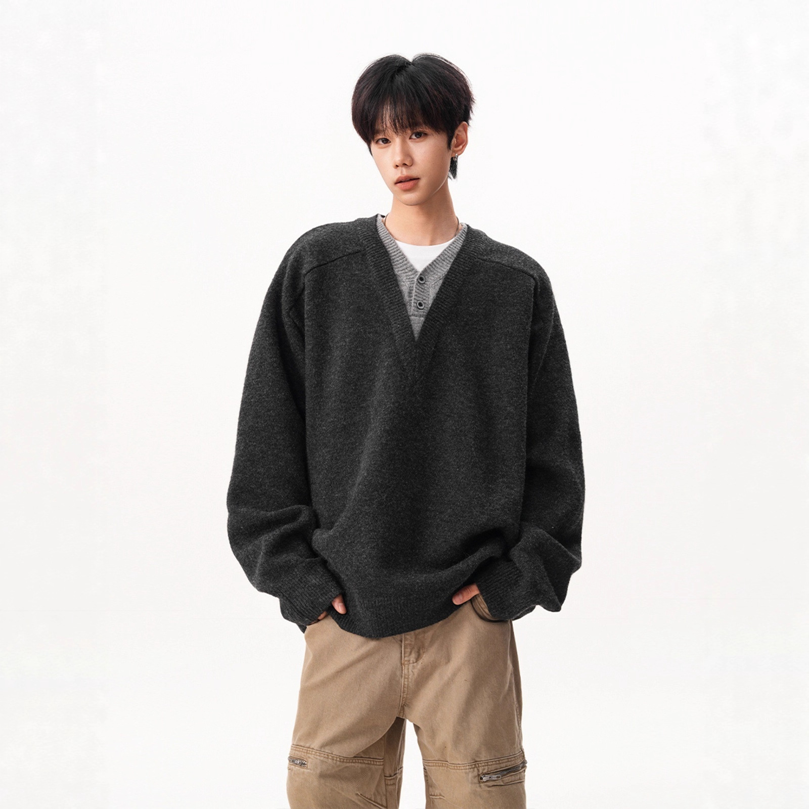 Fake Two-Piece V Neck Knitwear Men's Autumn and Winter New Retro Lazy Style Polo Pullover Loose Long-Sleeved Jacket