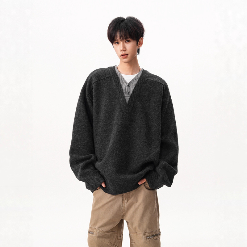 Fake Two-Piece V Neck Knitwear Men's Autumn and Winter New Retro Lazy Style Polo Pullover Loose Long-Sleeved Jacket