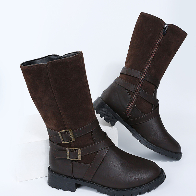 Damenschuhe, Martin-Stiefel mit mittlerer Röhre, Gürtelschnalle, runder Kopf, niedriger Absatz, Ritterstiefel mit seitlichem Reißverschluss, Lederstiefel_voghion.com