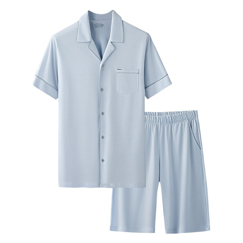 Algodón de fibra larga de algodón mercerizado real pijamas de los hombres de verano de manga corta pantalones de traje ropa para el hogar en stock venta al por mayor