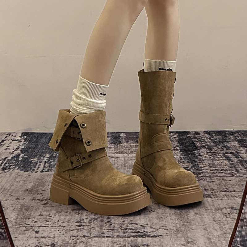 Two-Way Wear Foldable Thick-Soled Long Boots That Don'T Reach the Knee, Vintage Martin Boots for Women, 2025 New Style, Chunky Heel, American Fashion Slim Boots