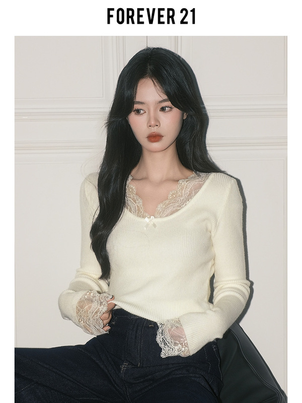 Forever21纯欲杏色蕾丝拼接V领上衣女秋冬法式打底长袖修身针织衫|undefined